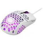 White gaming mouse with a honeycomb perforated shell and purple LED lighting, wired for USB use.