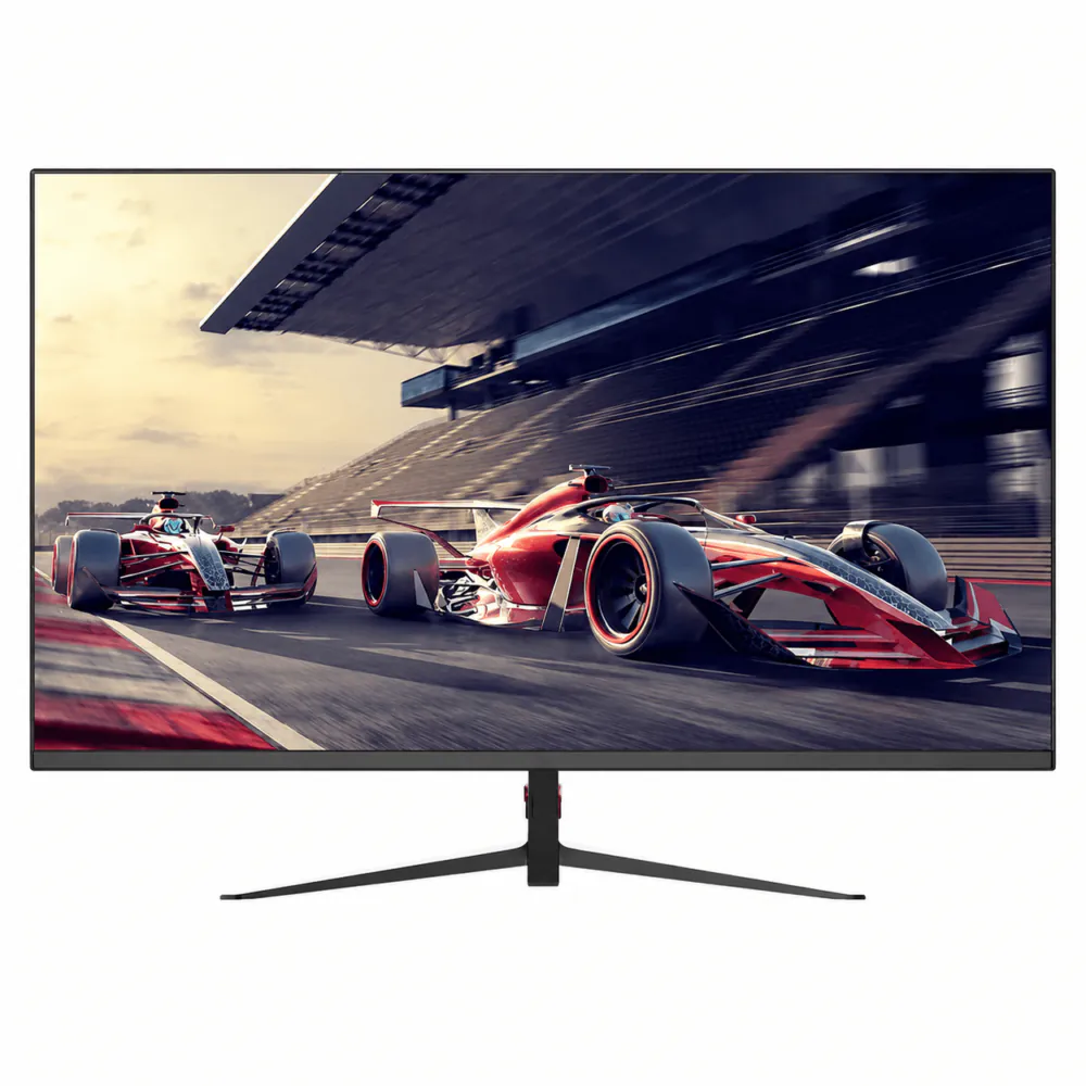Widescreen monitor on a stand displaying a photo of two red Formula 1 cars racing on a track.