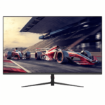 Widescreen monitor on a stand displaying a photo of two red Formula 1 cars racing on a track.