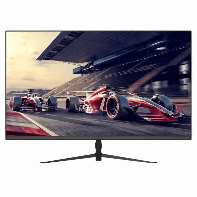 Widescreen monitor on a stand displaying a photo of two red Formula 1 cars racing on a track.
