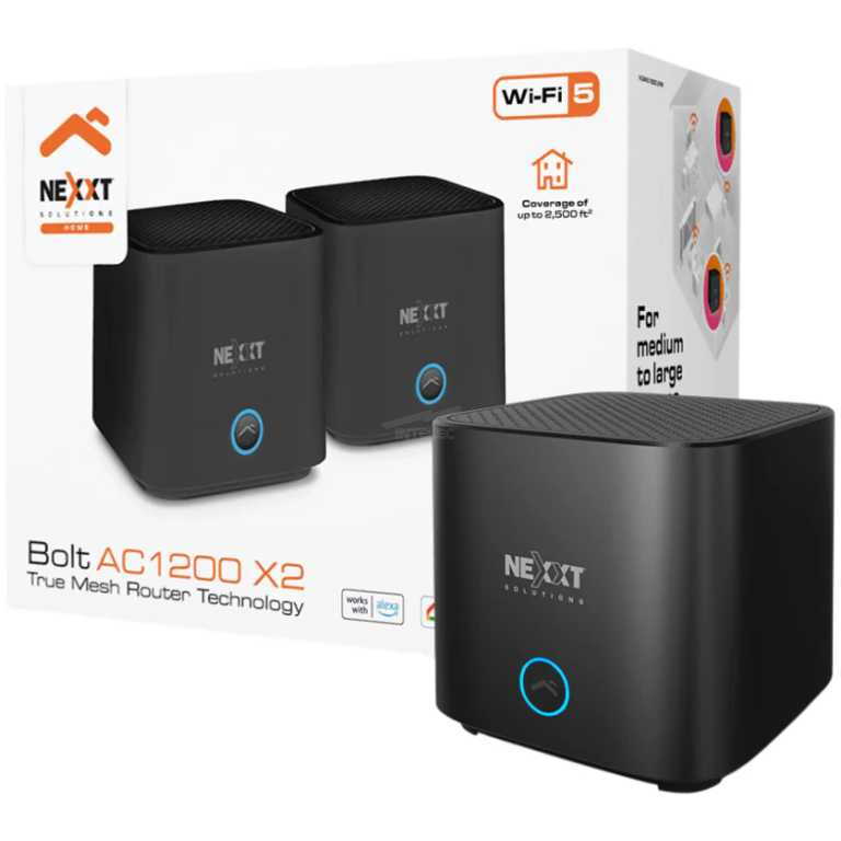 NEXXT Bolt AC1200 X2 mesh router kit with two satellite nodes and a main black hub.