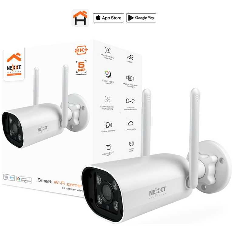 Two white outdoor Wi‑Fi security cameras with antennas mounted on a wall, product box in background showing app store logos and features
