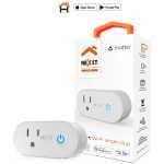 White smart Wi‑Fi single plug from Nexxt Solutions in packaging, with Matter logo and Google/Siri compatibility icons above a white box and orange handle image of the device nearby