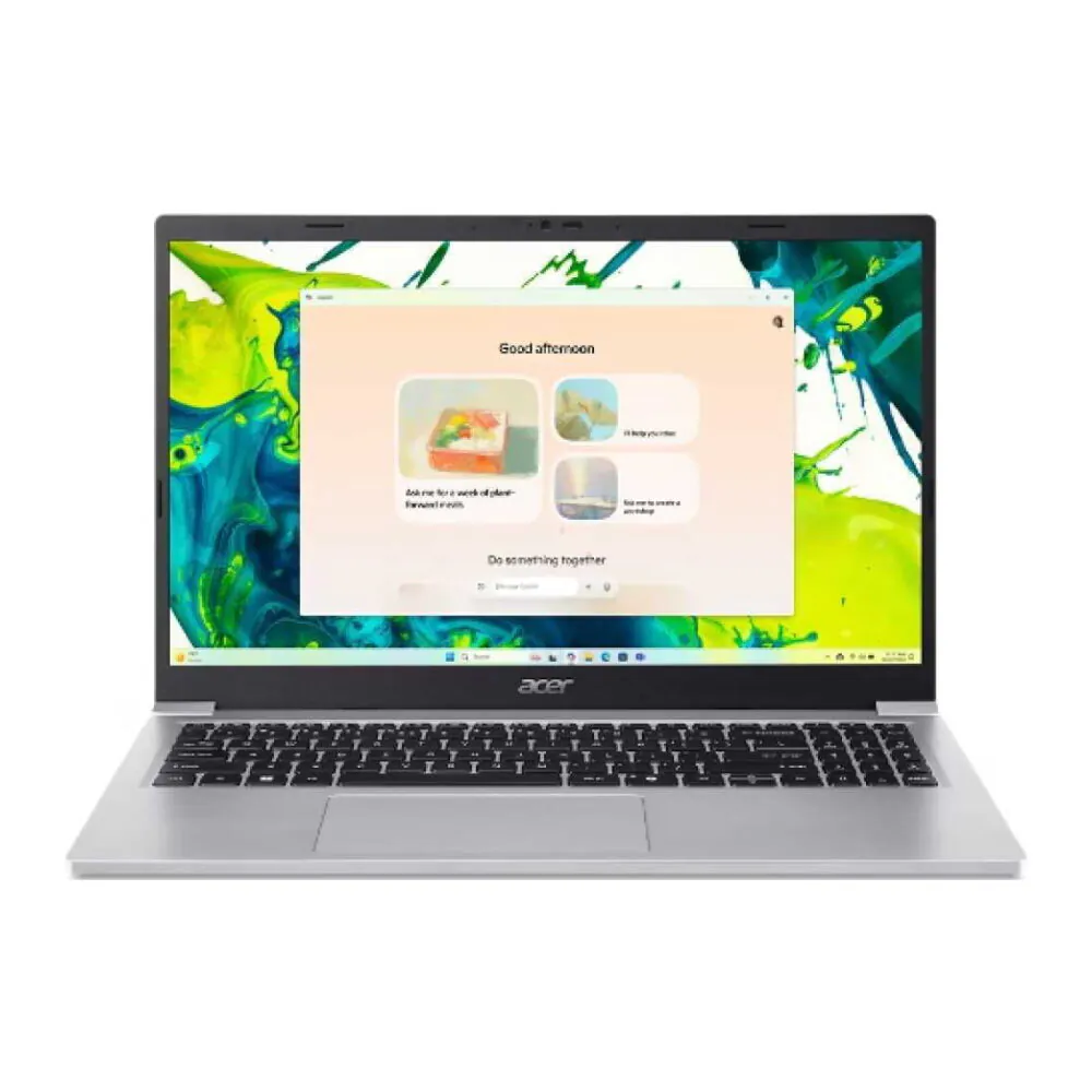 Open silver Acer laptop displaying a peach greeting window with four rounded-card tiles on a colorful abstract wallpaper.