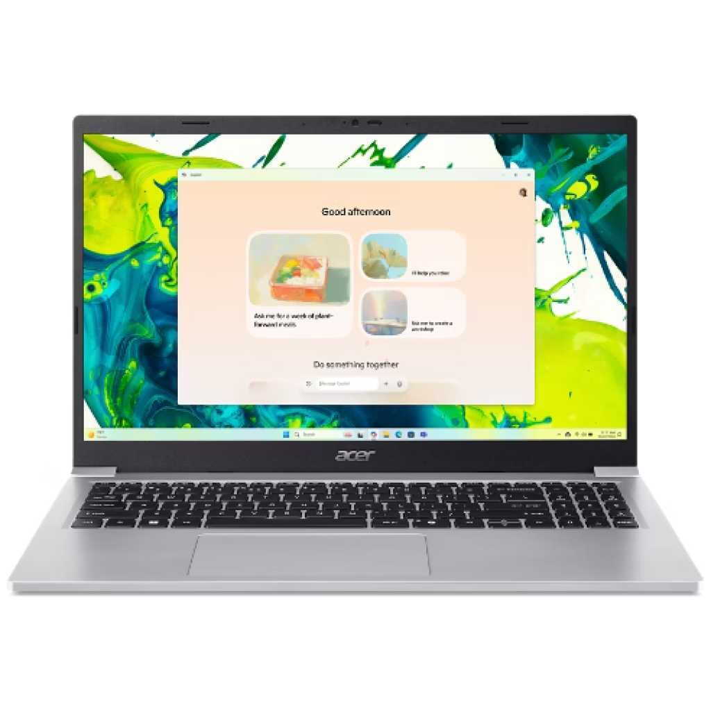 Open silver Acer laptop displaying a peach greeting window with four rounded-card tiles on a colorful abstract wallpaper.