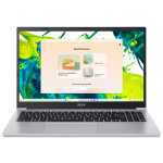 Open silver Acer laptop displaying a peach greeting window with four rounded-card tiles on a colorful abstract wallpaper.