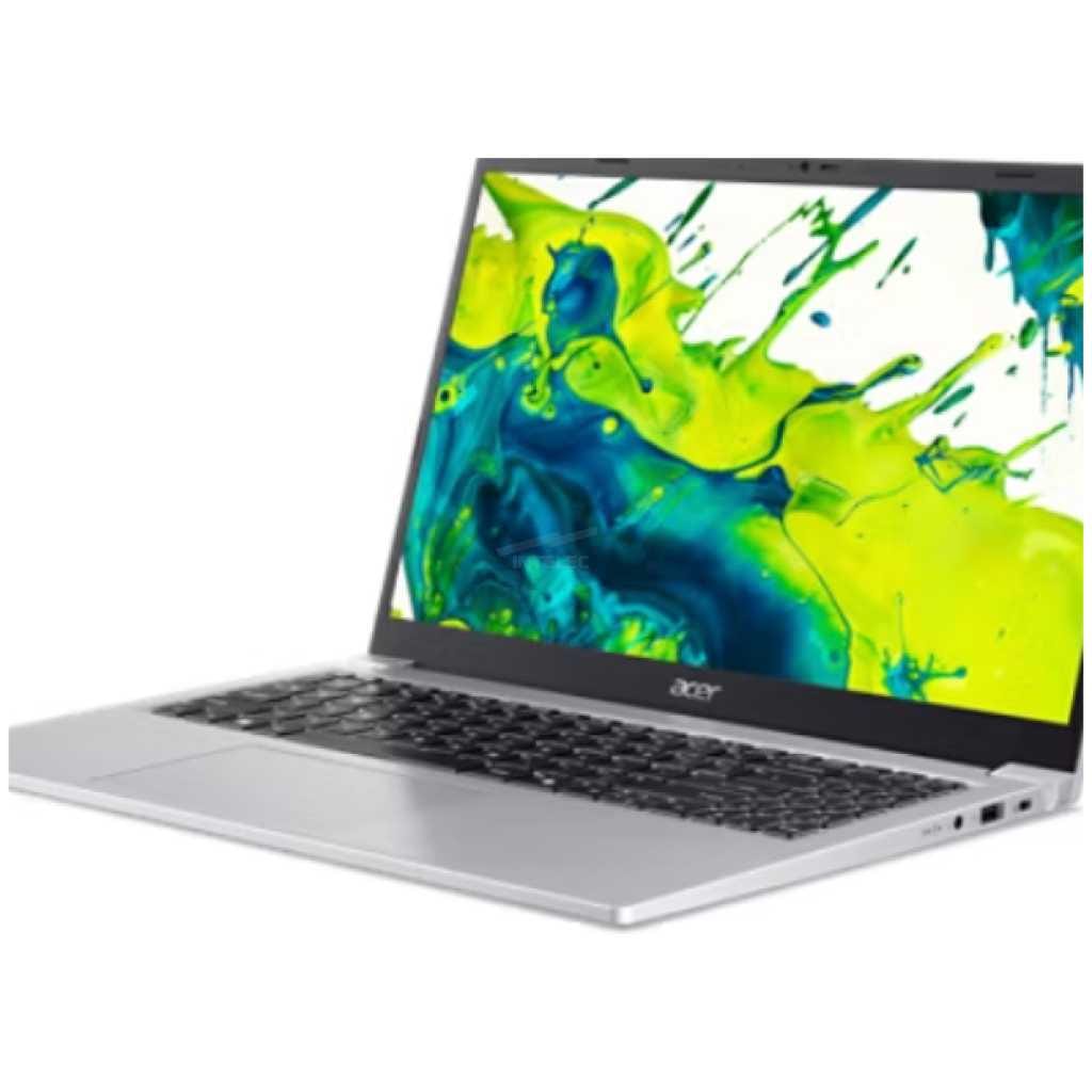 Open Acer laptop with a silver body and a vibrant abstract green–blue screen, viewed from a lower front angle