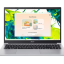 Open silver Acer laptop displaying a peach greeting window with four rounded-card tiles on a colorful abstract wallpaper.