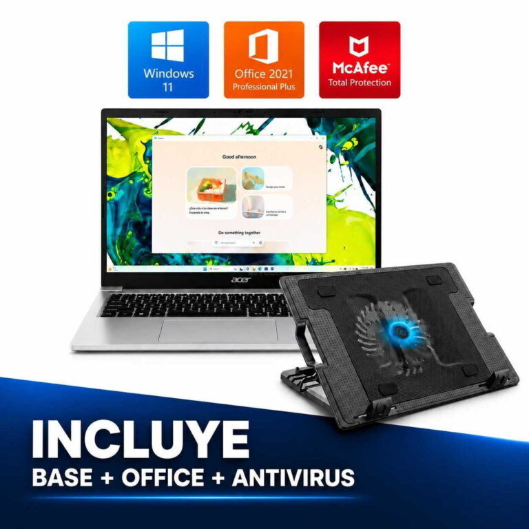 Acer laptop with Windows 11, Office 2021, and McAfee icons above, plus a cooling pad nearby; blue banner reads INCLUDE BASE + OFFICE + ANTIVIRUS.