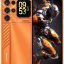Orange rugged smartphone with triple cameras on the back and a large display showing a black-orange robot in action on the right panel.