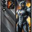 Rugged smartphone with triple rear cameras and metallic back design, shown beside a front screen displaying a silver armored robot against fire.