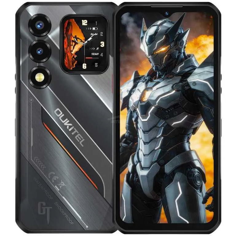 Rugged smartphone with triple rear cameras and metallic back design, shown beside a front screen displaying a silver armored robot against fire.