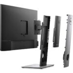 Set of Dell computer monitors on a multi-monitor stand, with a large screen on the left and several slimmer screens on adjustable arms in a staggered layout.