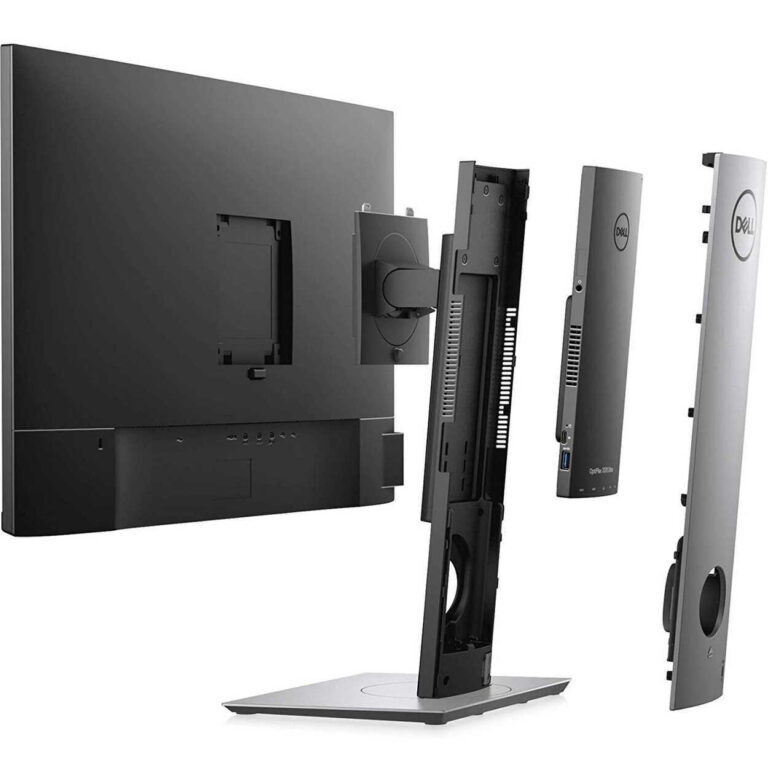 Set of Dell computer monitors on a multi-monitor stand, with a large screen on the left and several slimmer screens on adjustable arms in a staggered layout.