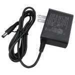 Black wall power adapter with a two-prong US plug and a long cable ending in a round DC barrel connector.