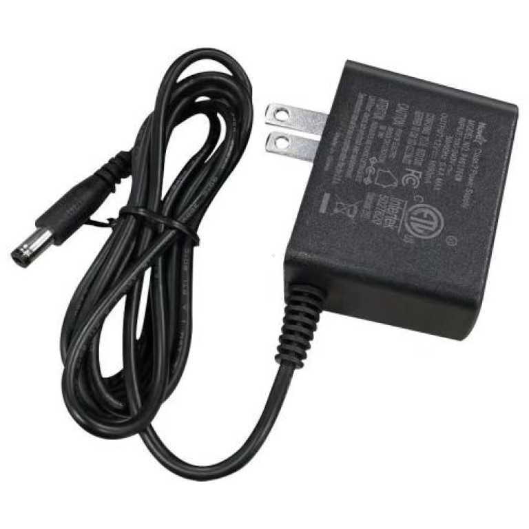 Black wall power adapter with a two-prong US plug and a long cable ending in a round DC barrel connector.
