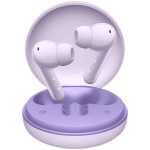 Lavender wireless earbuds in an open charging case, showing silicone tips and charging contacts.