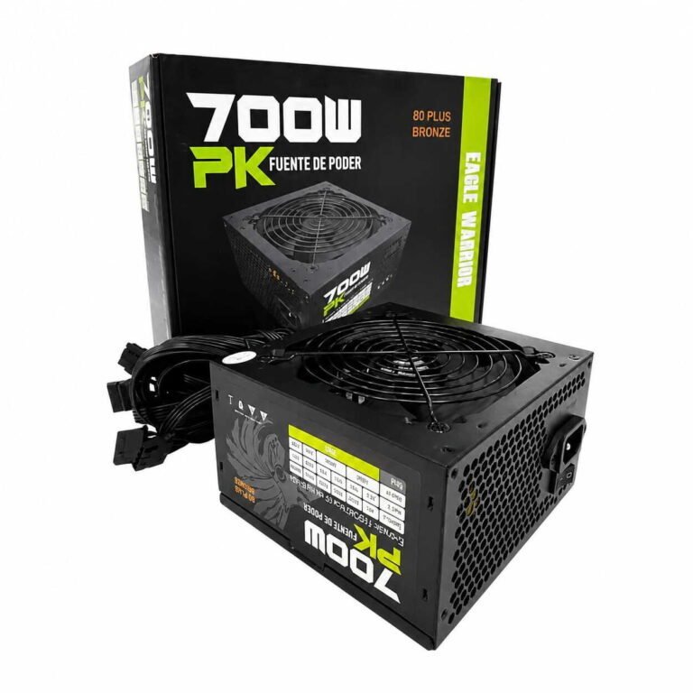 700W power supply unit with a large top cooling fan, placed beside its black retail box with green accents and '80 PLUS BRONZE' label.