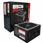 Black 850W PC power supply with large top fan, shown with its packaging box reading 850W and 80 PLUS BRONZE