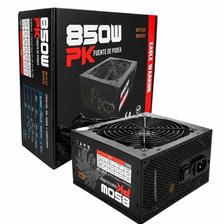 Black 850W PC power supply with large top fan, shown with its packaging box reading 850W and 80 PLUS BRONZE