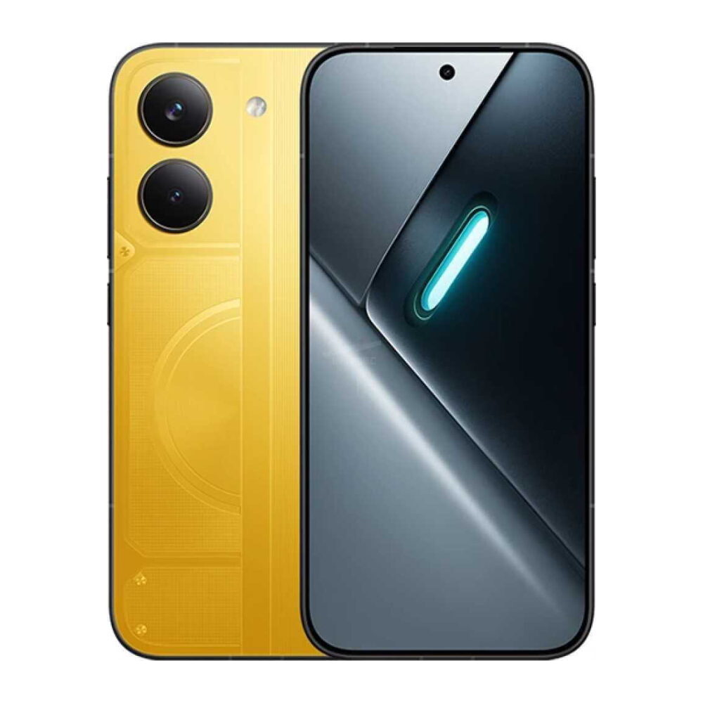Yellow smartphone back with dual camera lenses beside a front screen display.