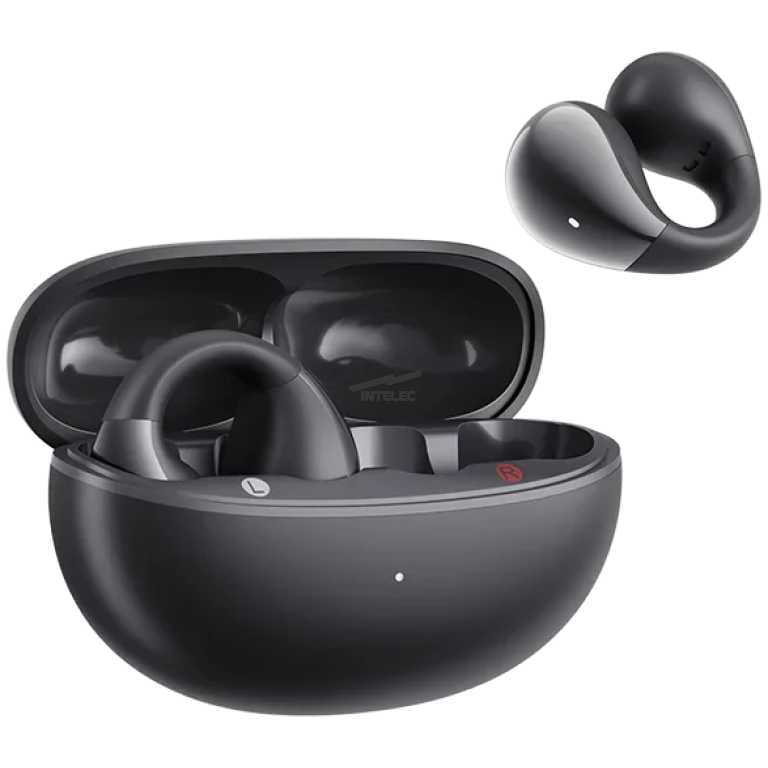 Black wireless earbuds in an open charging case, with an extra earbud hovering nearby.
