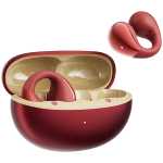 Red wireless earbuds with a glossy matching charging case open, plus a second earbud hovering nearby.