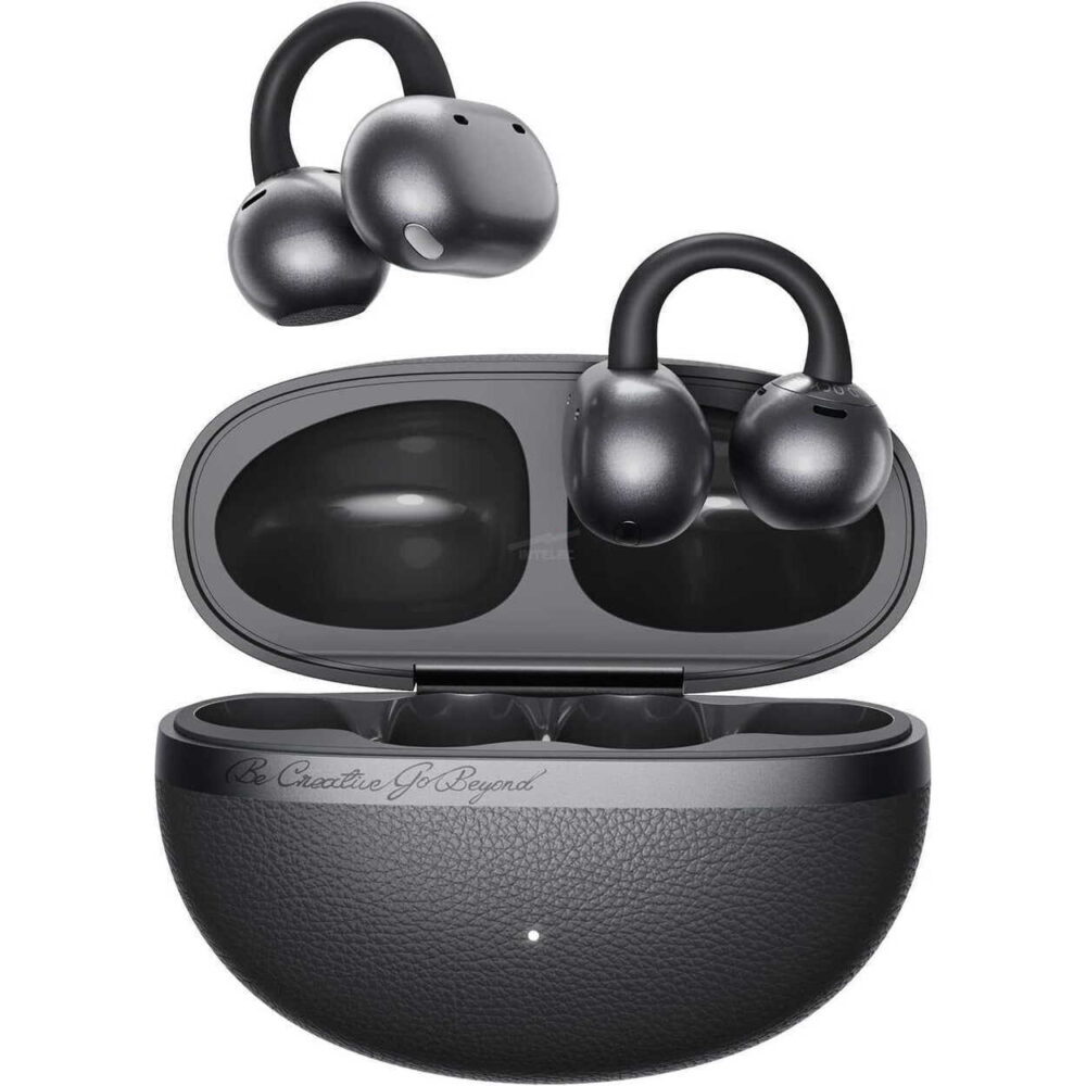 Wireless true‑wireless earbuds in an open charging case, dark metallic finish with a logo on the case lid edge