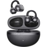 Wireless true‑wireless earbuds in an open charging case, dark metallic finish with a logo on the case lid edge