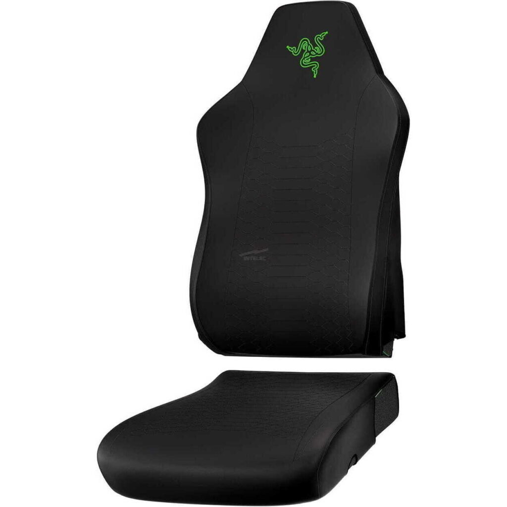 Black ergonomic gaming chair back and seat with a neon green Razer logo on the headrest