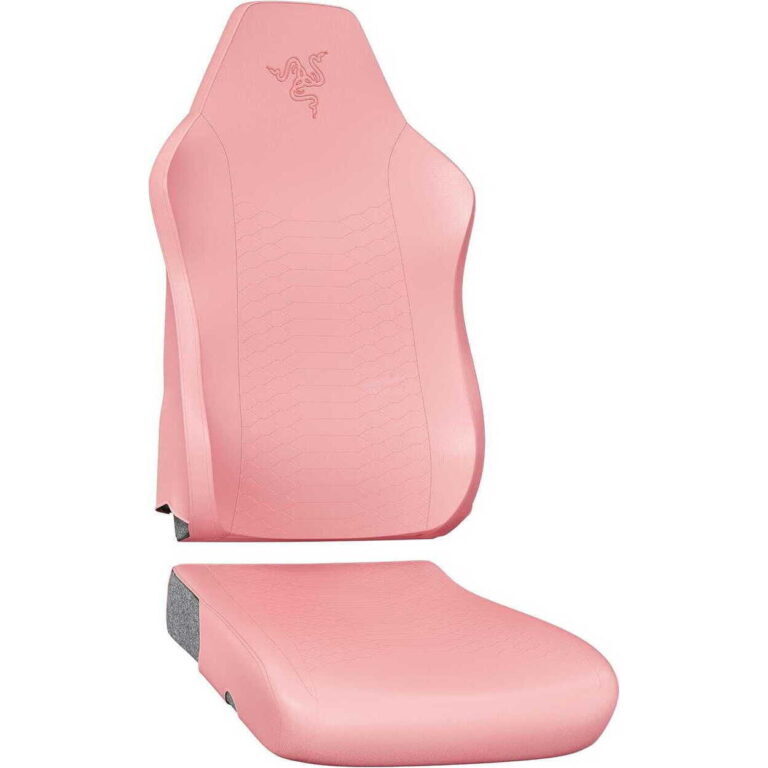 Pink ergonomic gaming chair with racing-style shape and embossed Razer logo on the headrest
