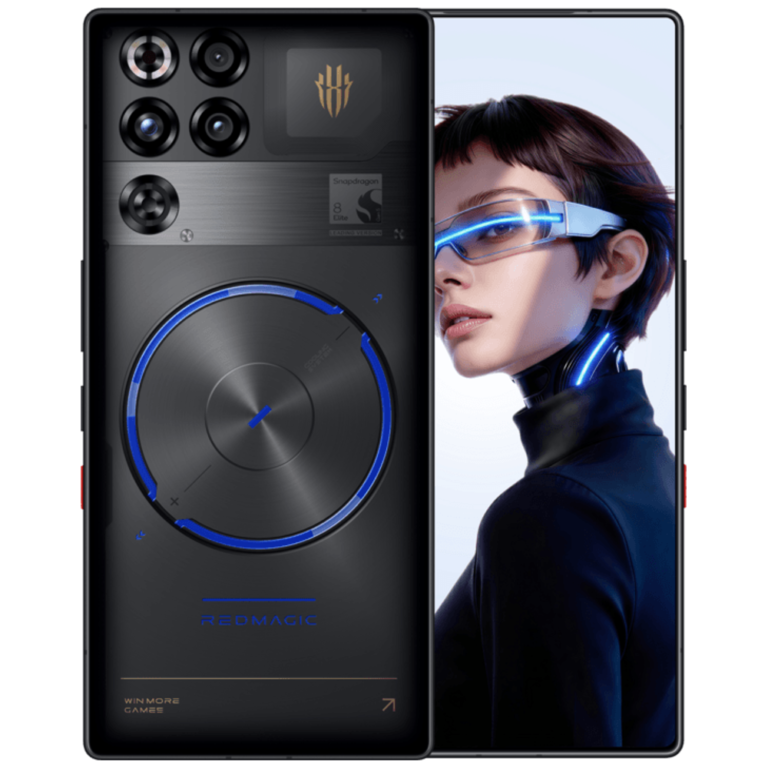Futuristic RedMagic gaming phone showing exposed internals, a circular cooling device, and a model wearing blue AR glasses on the screen side.
