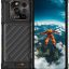 Rugged smartphone in a protective case, showing a skydiver on the screen and a multi-lens camera on the back panel.