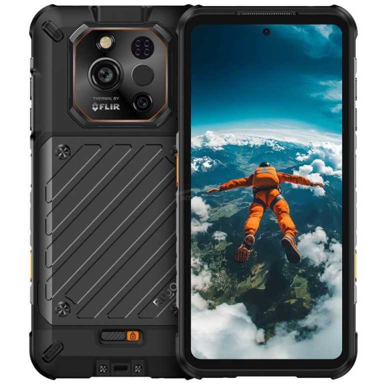 Rugged smartphone in a protective case, showing a skydiver on the screen and a multi-lens camera on the back panel.