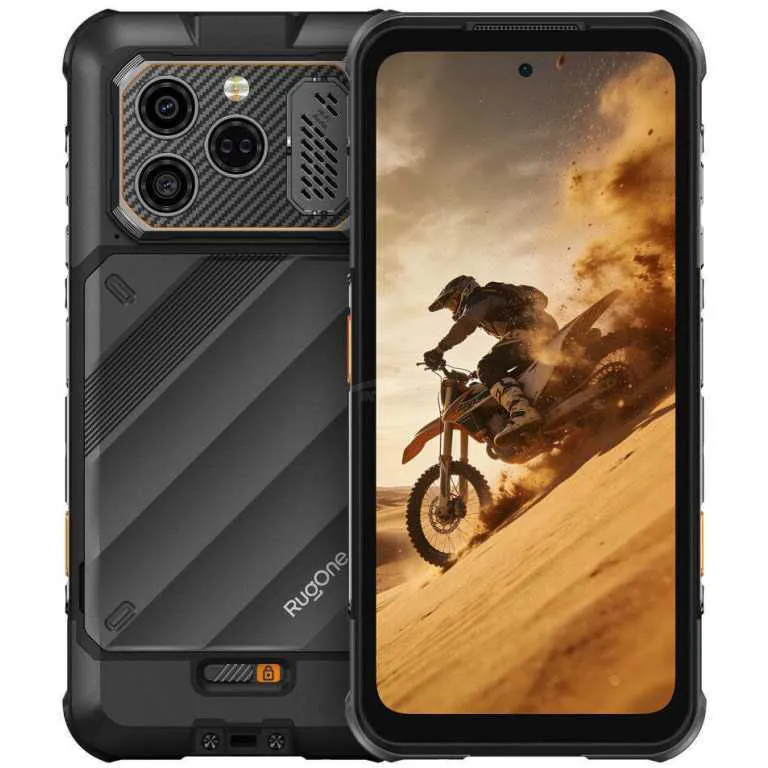 Rugged black smartphone with a protective case; triple-camera rear; front display shows a motocross rider jumping a sand dune.