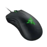 Black wired gaming mouse with a neon green Razer logo on top.