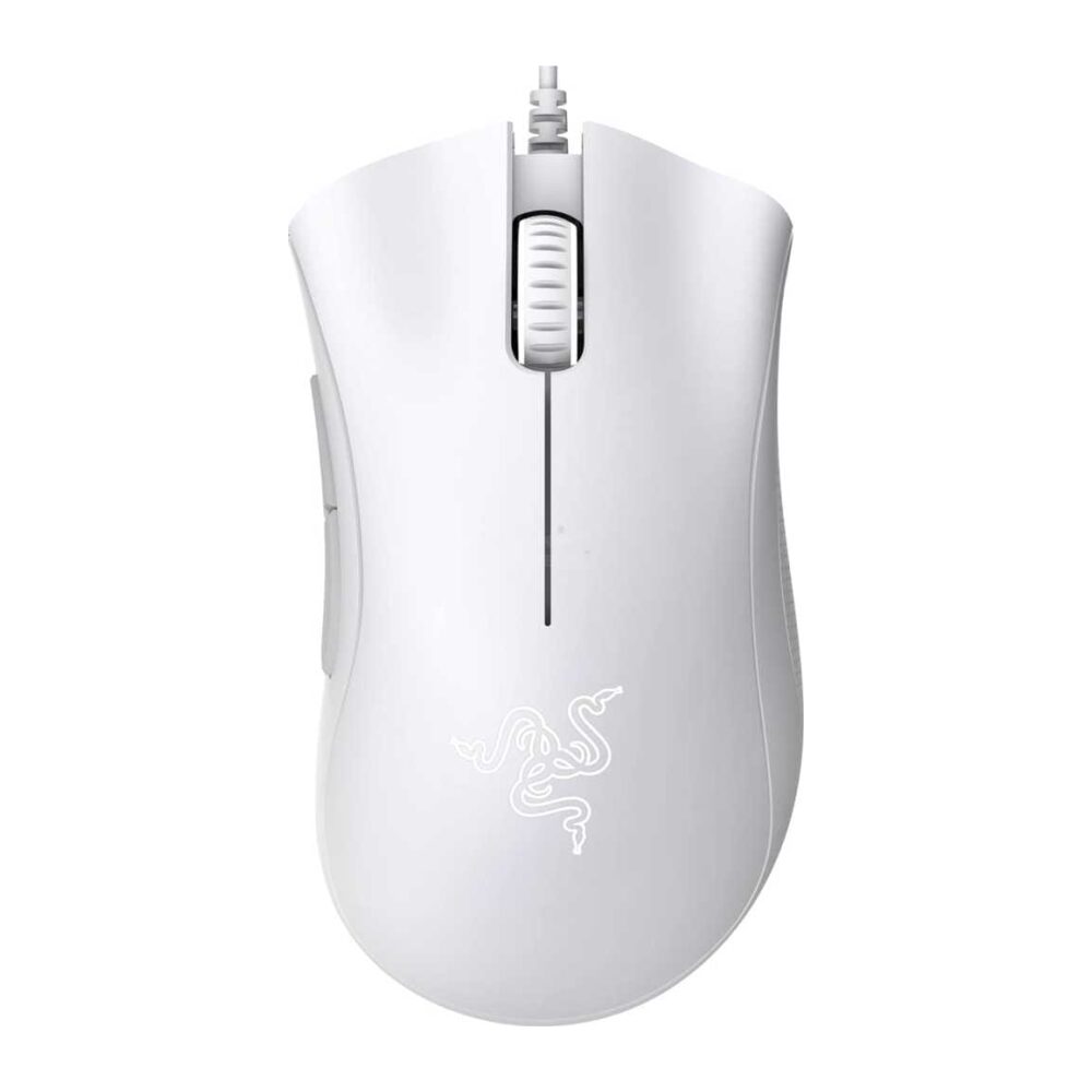 White wired computer mouse with scroll wheel and Razer logo visible on the palm-ready body.
