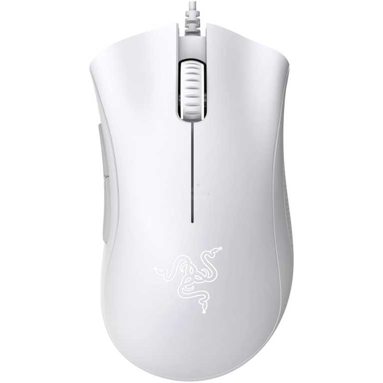 White wired computer mouse with scroll wheel and Razer logo visible on the palm-ready body.