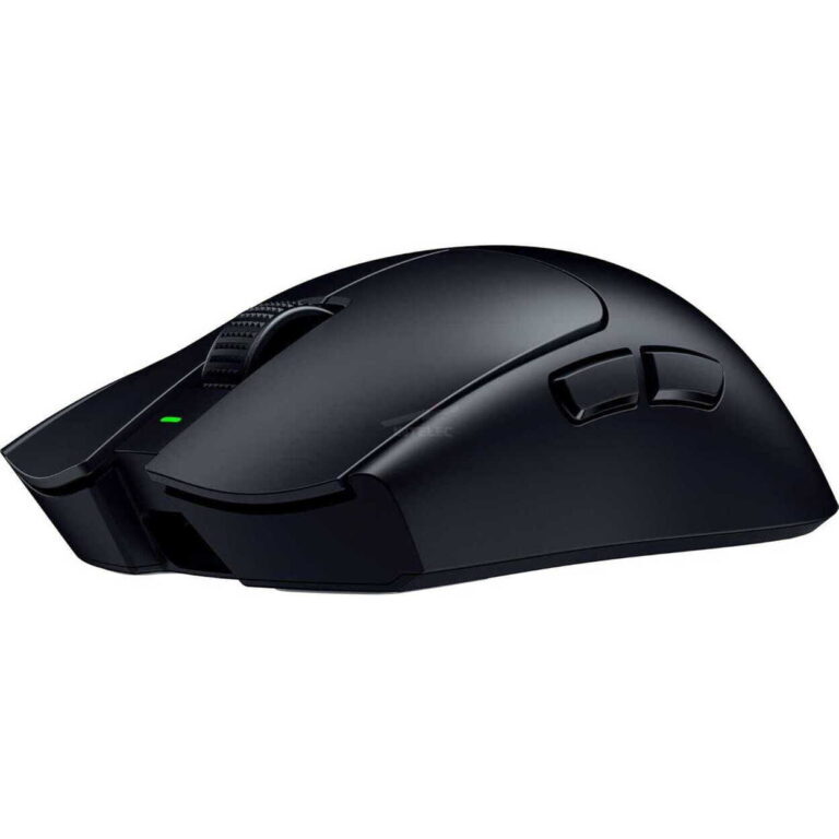 Black wireless computer mouse with ergonomic design and green LED indicator