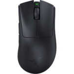 Black gaming mouse with a textured scroll wheel and green indicator light on top, featuring a glossy-programmable side and Razer logo