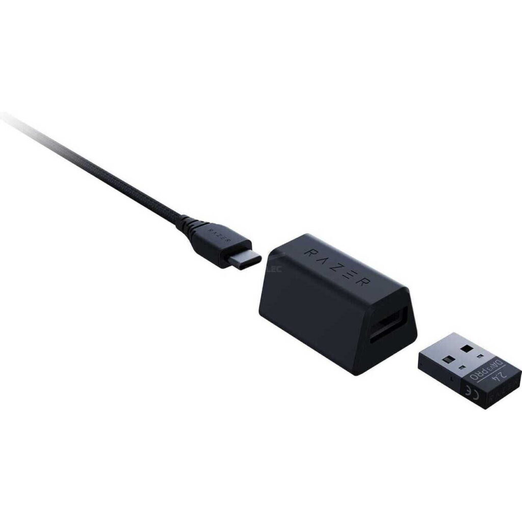 Razer USB-C to USB-A adapter with a small 2.4 GHz wireless receiver beside it.
