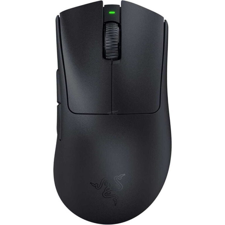 Black gaming mouse with a textured scroll wheel and green indicator light on top, featuring a glossy-programmable side and Razer logo