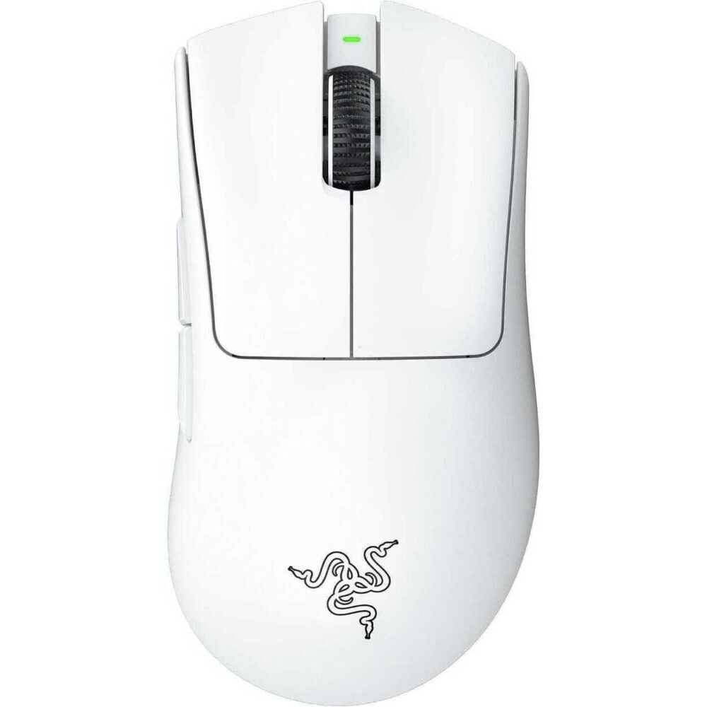 Top-down view of a white wireless computer mouse with a green status light and the Razer logo on the palm rest.
