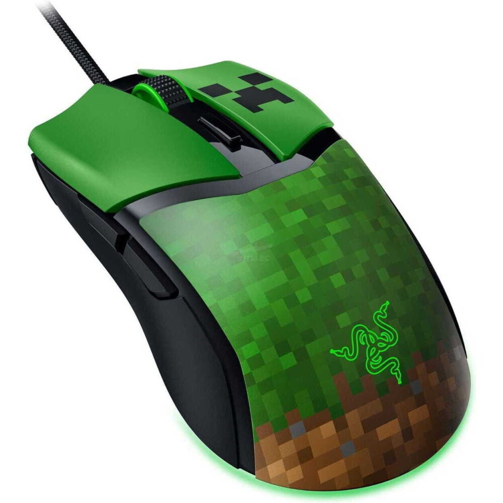 Top-down view of a green Razer gaming mouse with a pixelated pattern and glowing green accents