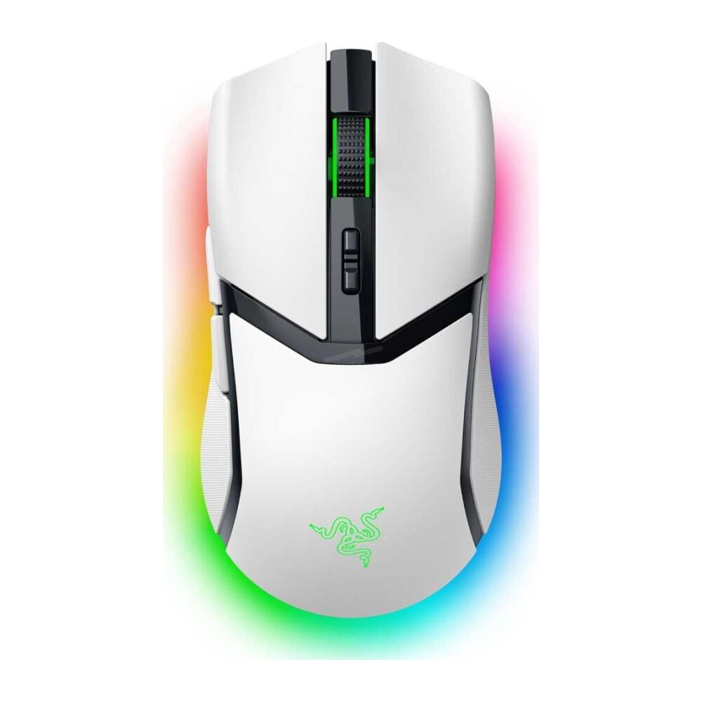 White gaming mouse with textured side grips, green Razer logo on the palm area, and rainbow RGB glow around the edges.