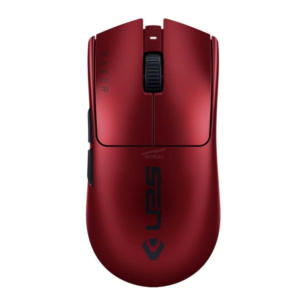 Top-down view of a red gaming mouse with a black textured scroll wheel and RAZER branding