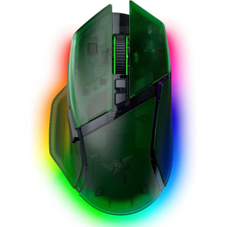 Top-down view of a green Razer gaming mouse with RGB lighting around the edges.