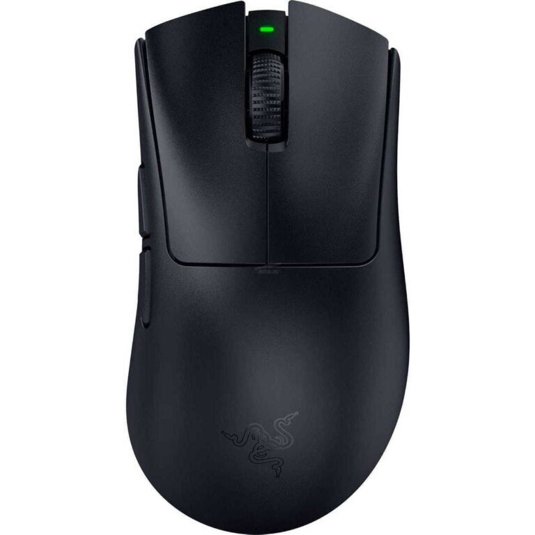 Black wireless gaming mouse with textured scroll wheel and a green LED on top.