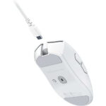 White gaming mouse (Razer DeathAdder Pro) with a braided cable and USB connector visible