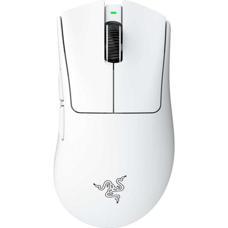 Top-down view of a white gaming mouse with a black scroll wheel, green status LED, and a stylized snake logo on the body.